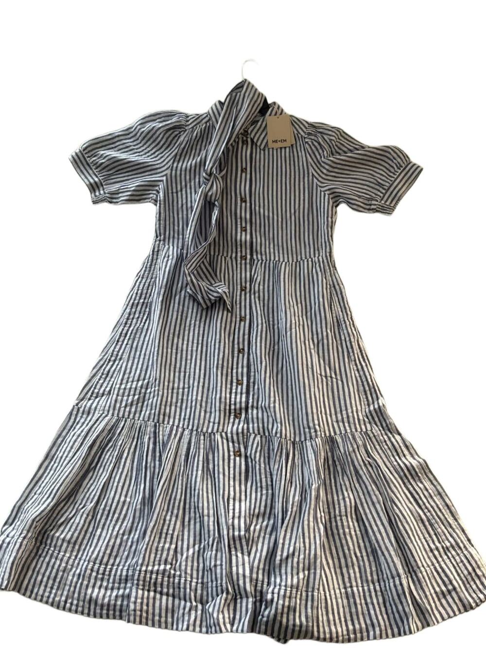 ME+EM Cheesecloth Stripe Midi Shirt Dress + Belt Navy/White US 10 UK 14 NWT Cott